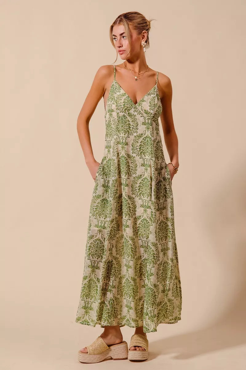SO ME Damask Floral Summer Maxi Flowy Dress With Open Back