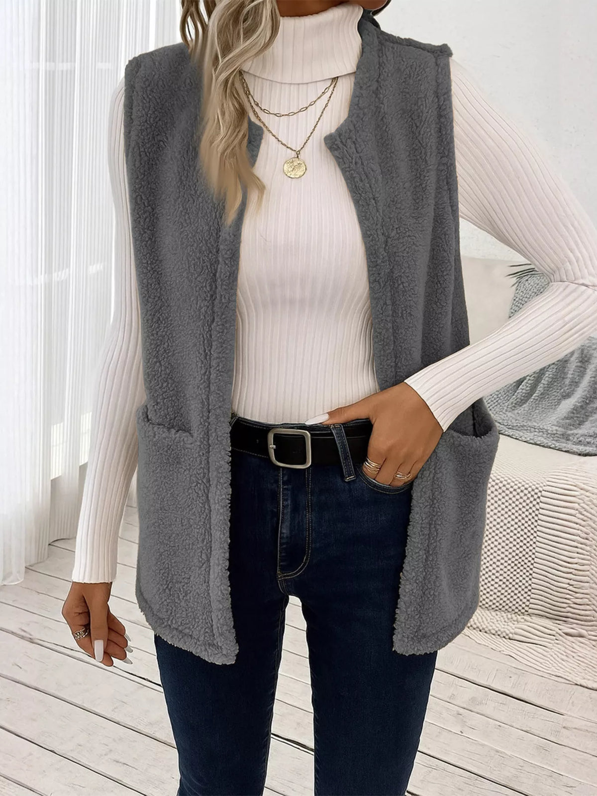 Sleeveless Fuzzy Fleece Vest Coat