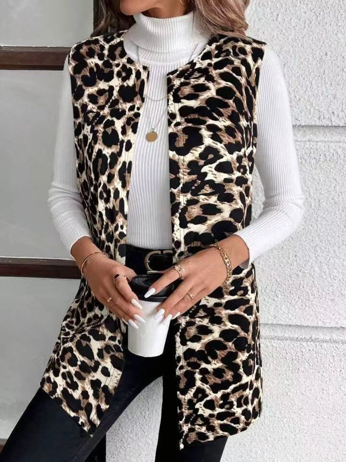 Sleeveless Leopard Print Vest Coat