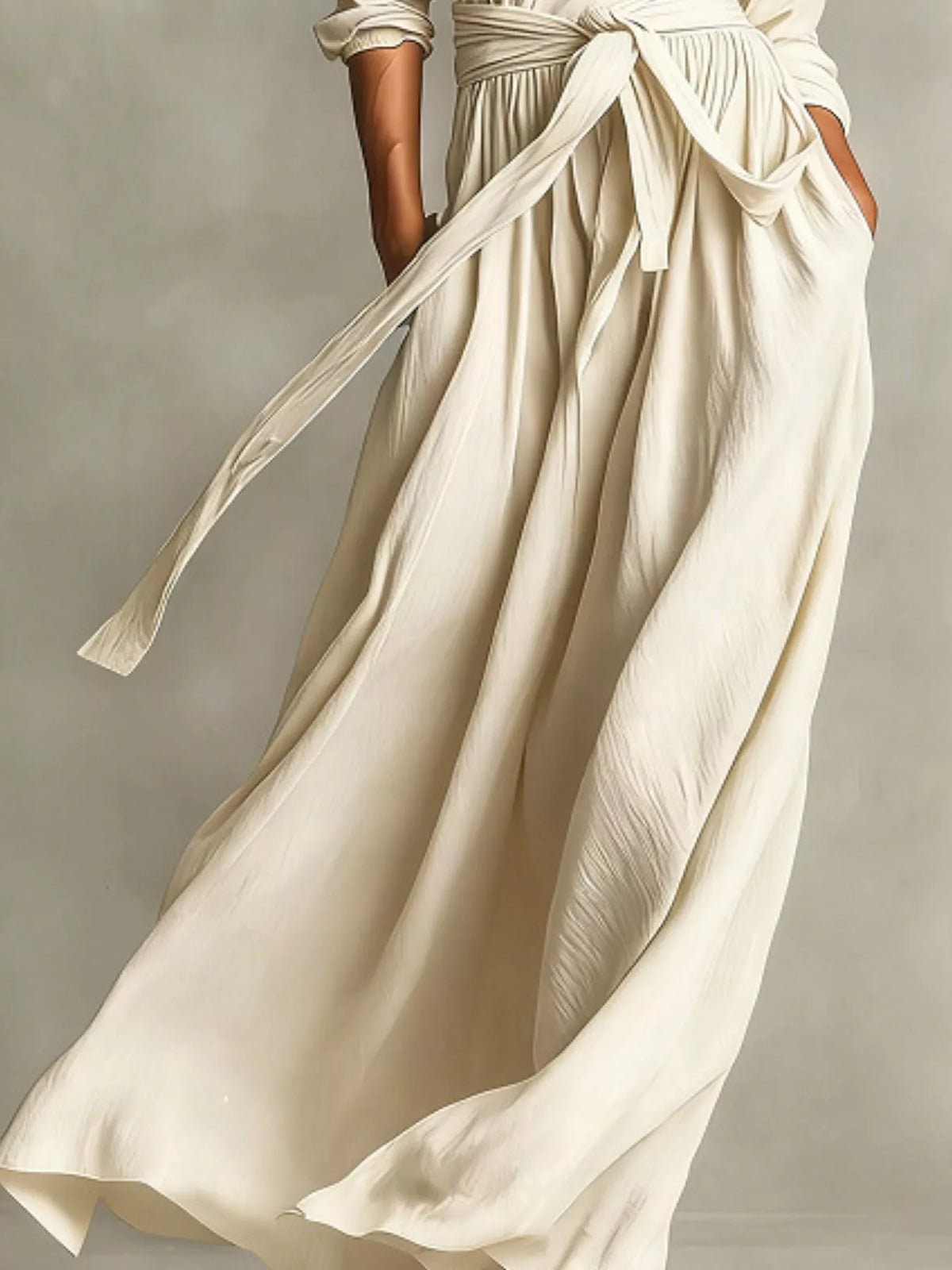 Full Size Long Sleeve Tie Waist Maxi Dress Plus Size