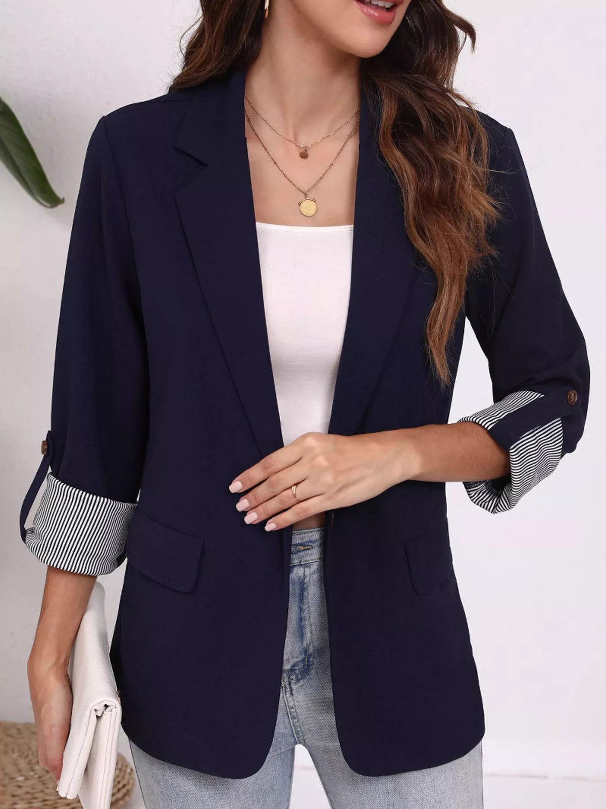 Lapel Collar Roll-Up Sleeve Blazer