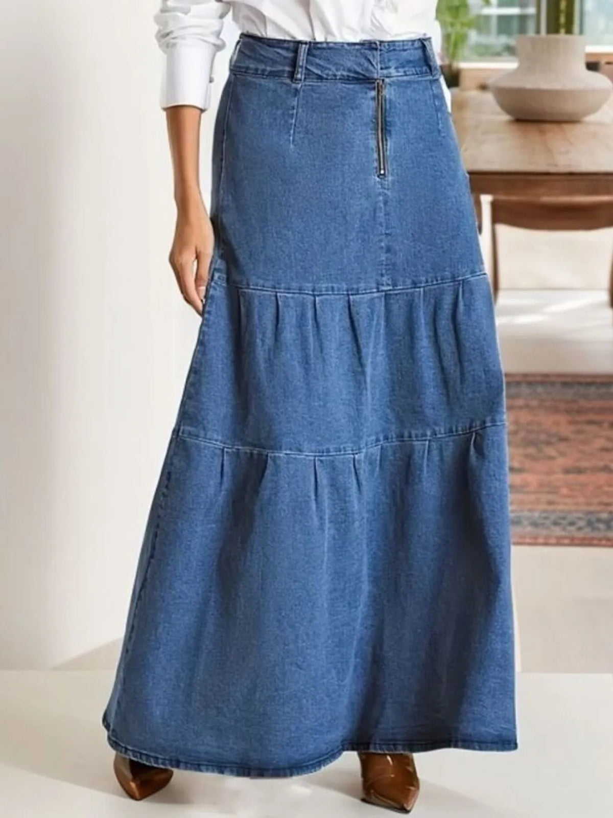 Tiered Maxi Denim Skirt with Zipper Detail