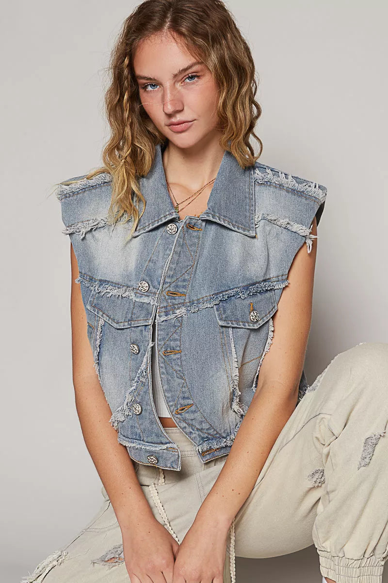 POL Assymetrical Front Closure Raw Hem Denim Vest