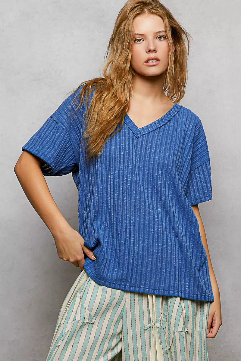POL Ribbed Knit V-Neck Short Sleeve T-Shirt with Side Slit