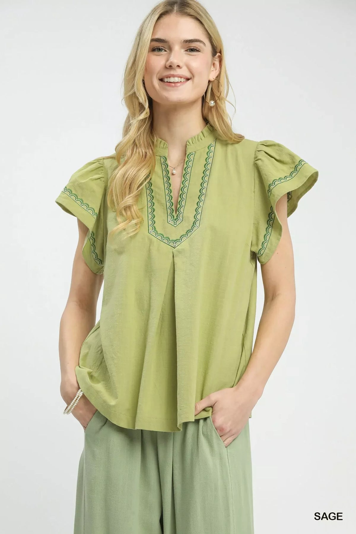 Umgee Embroidered Flutter Sleeve Blouse