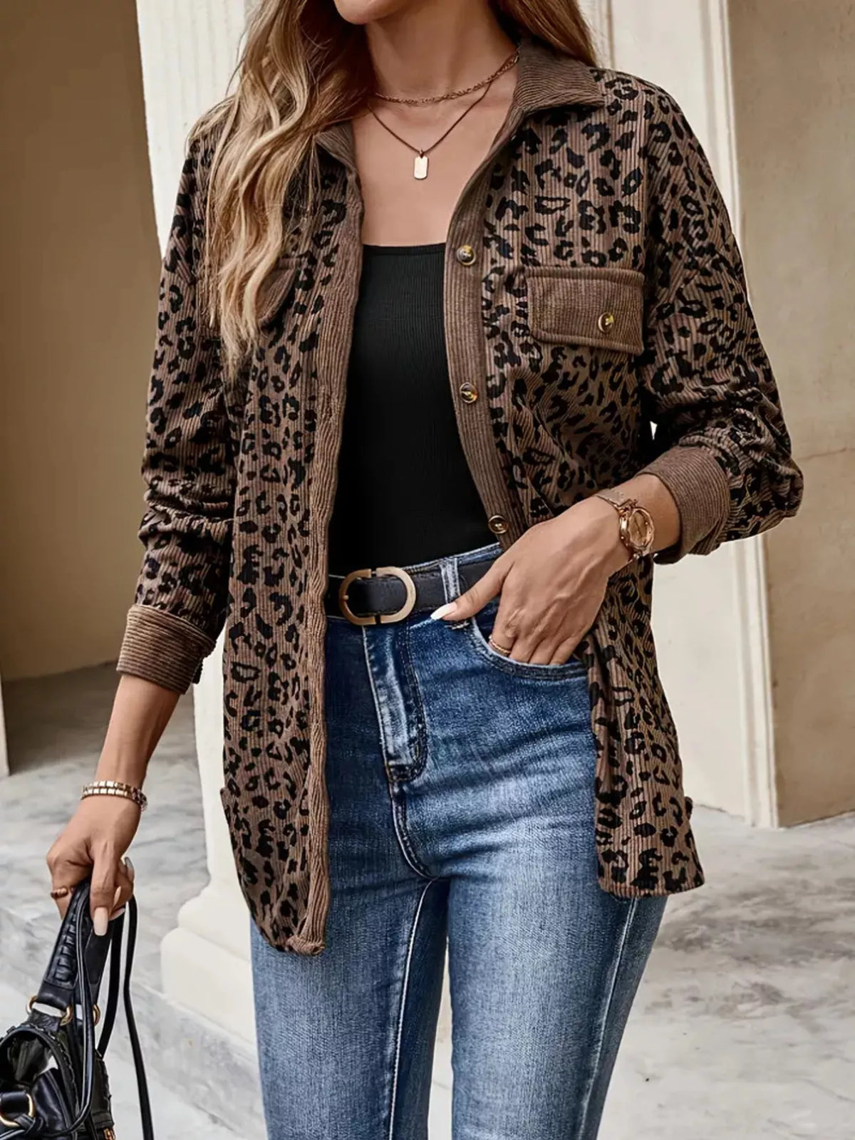 Leopard Print Corduroy Button-Up Jacket