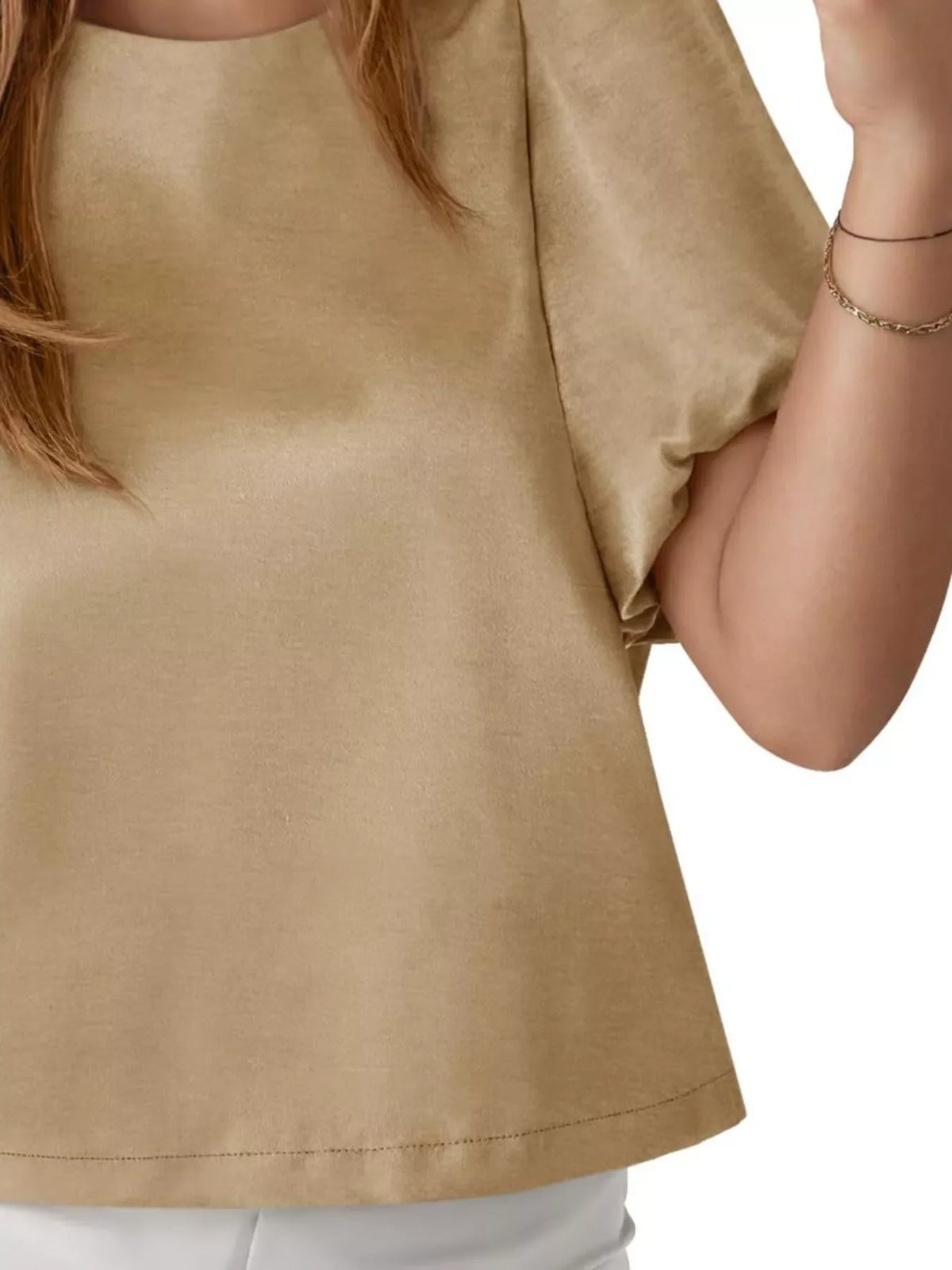 Round Neck Puff Sleeve Satin Top