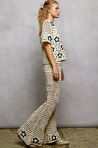 POL Openwork Crochet Flare Pants with Contrast Star