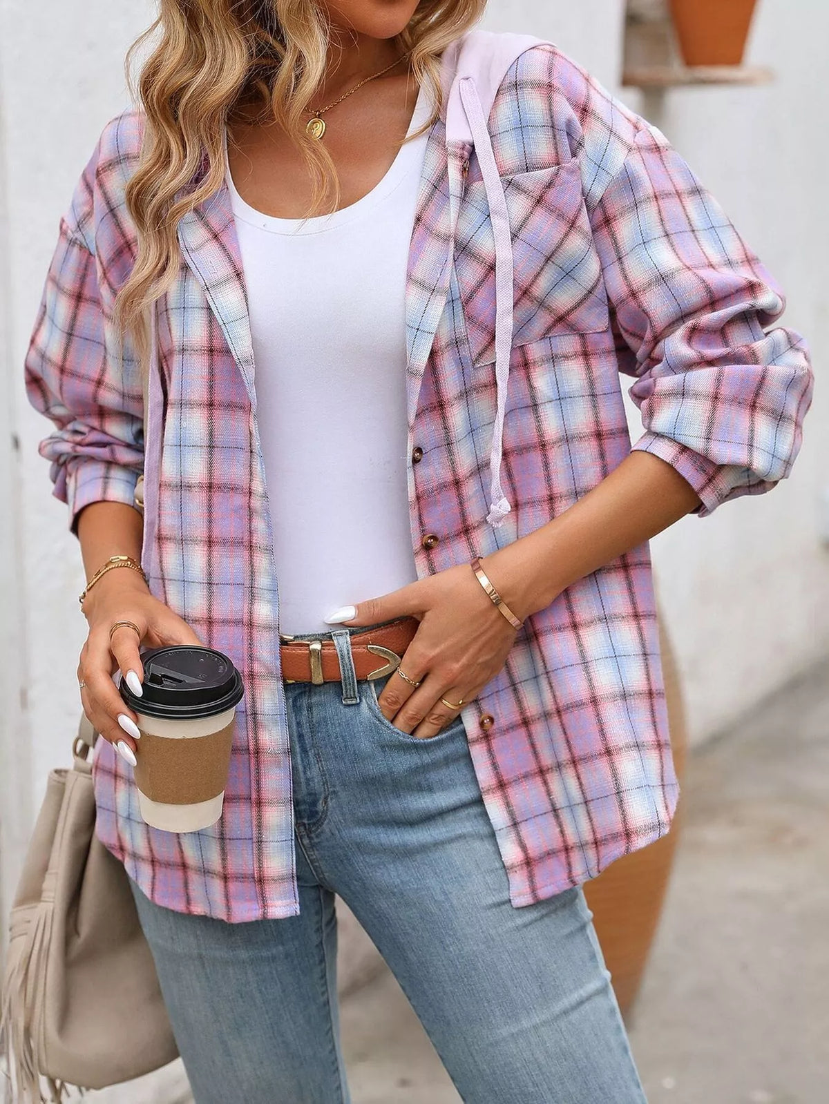 Hooded Plaid Button-Up Shirt