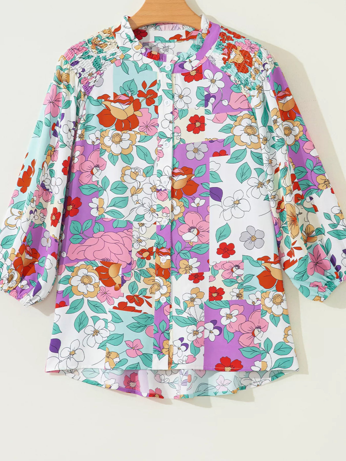 Floral Print Patchwork Frilly Neckline Long Sleeve Shirt
