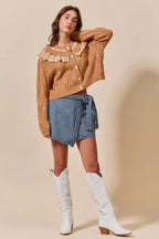 SO ME Wrap Braided Trimmed Denim Skort