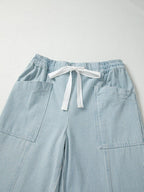 Stripe Mid Rise Drawstring Waist Jeans