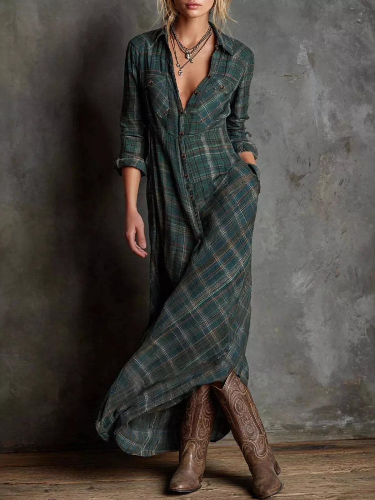 Plaid Long Sleeve Maxi Dress
