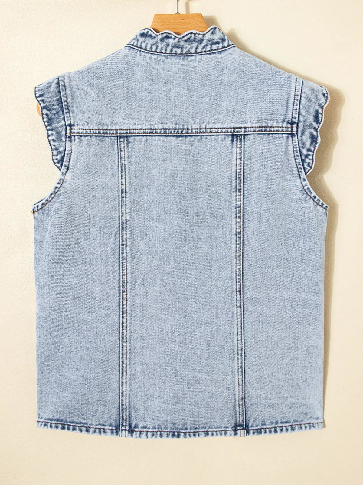 Scalloped Trim Patch Pocket Button Front Denim Vest