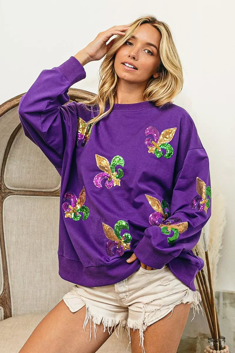 BiBi Fleur De Lis Sequin Patches Mardi Gras Sweatshirt