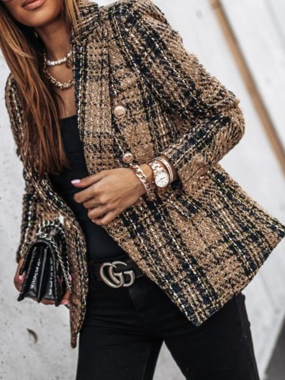 Full Size Plaid Tweed Double-Breasted Blazer Plus Size