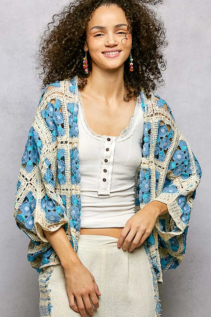 POL Open Front Floral Crochet Cardigan