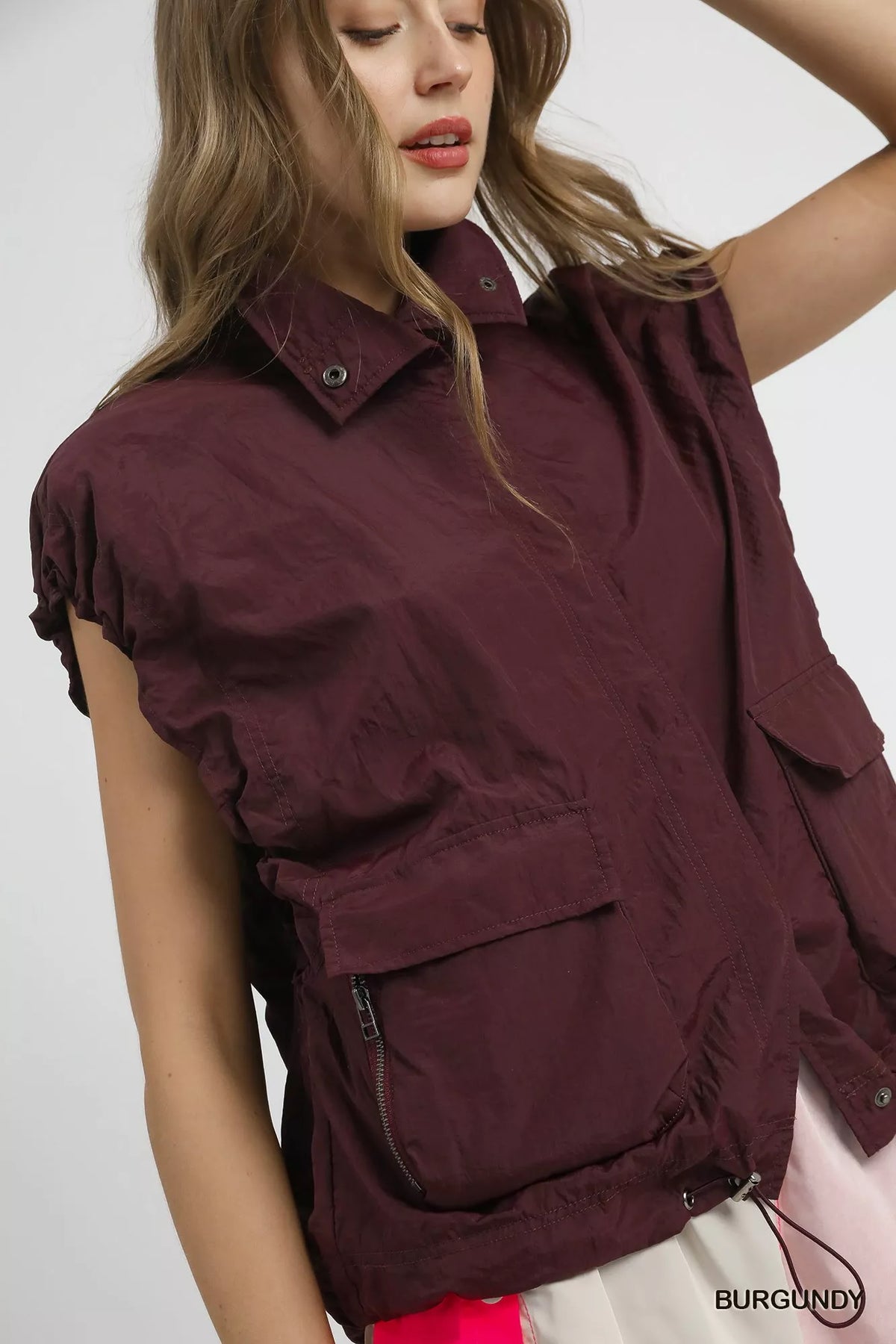 Umgee Drawstring Hem Nylon Vest with Pockets