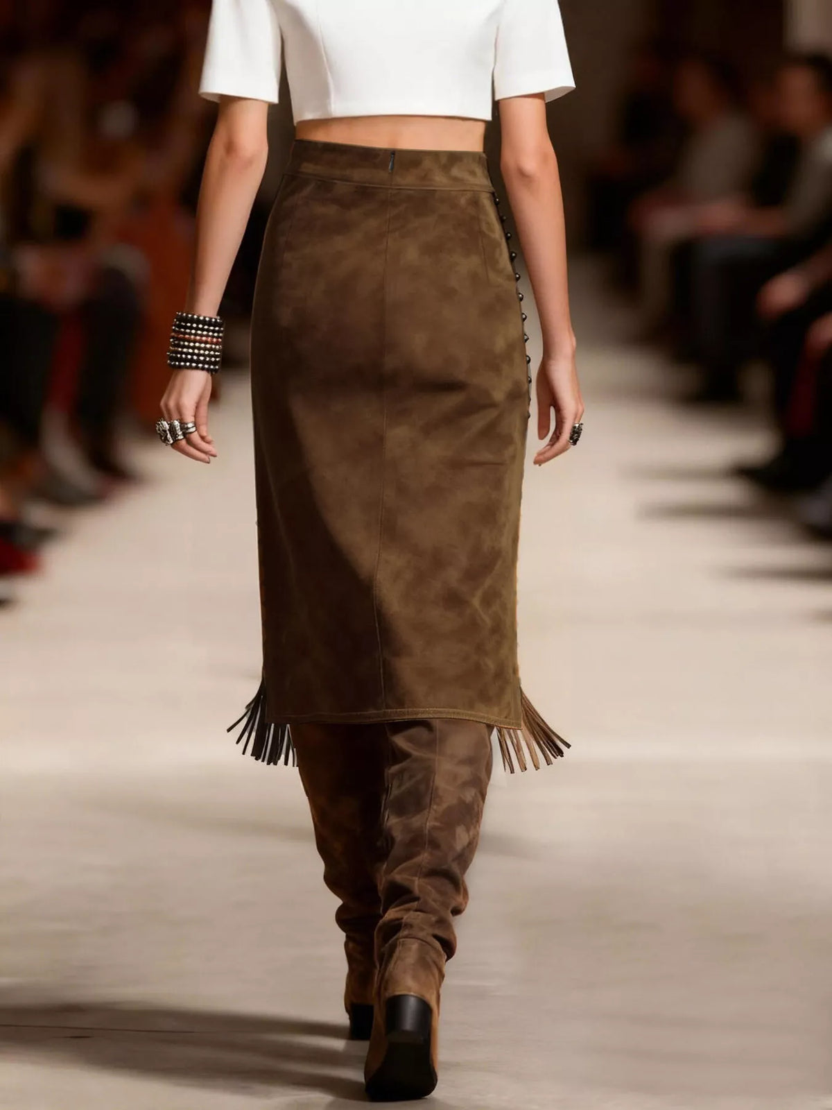 Studded Suede Fringe Midi Skirt