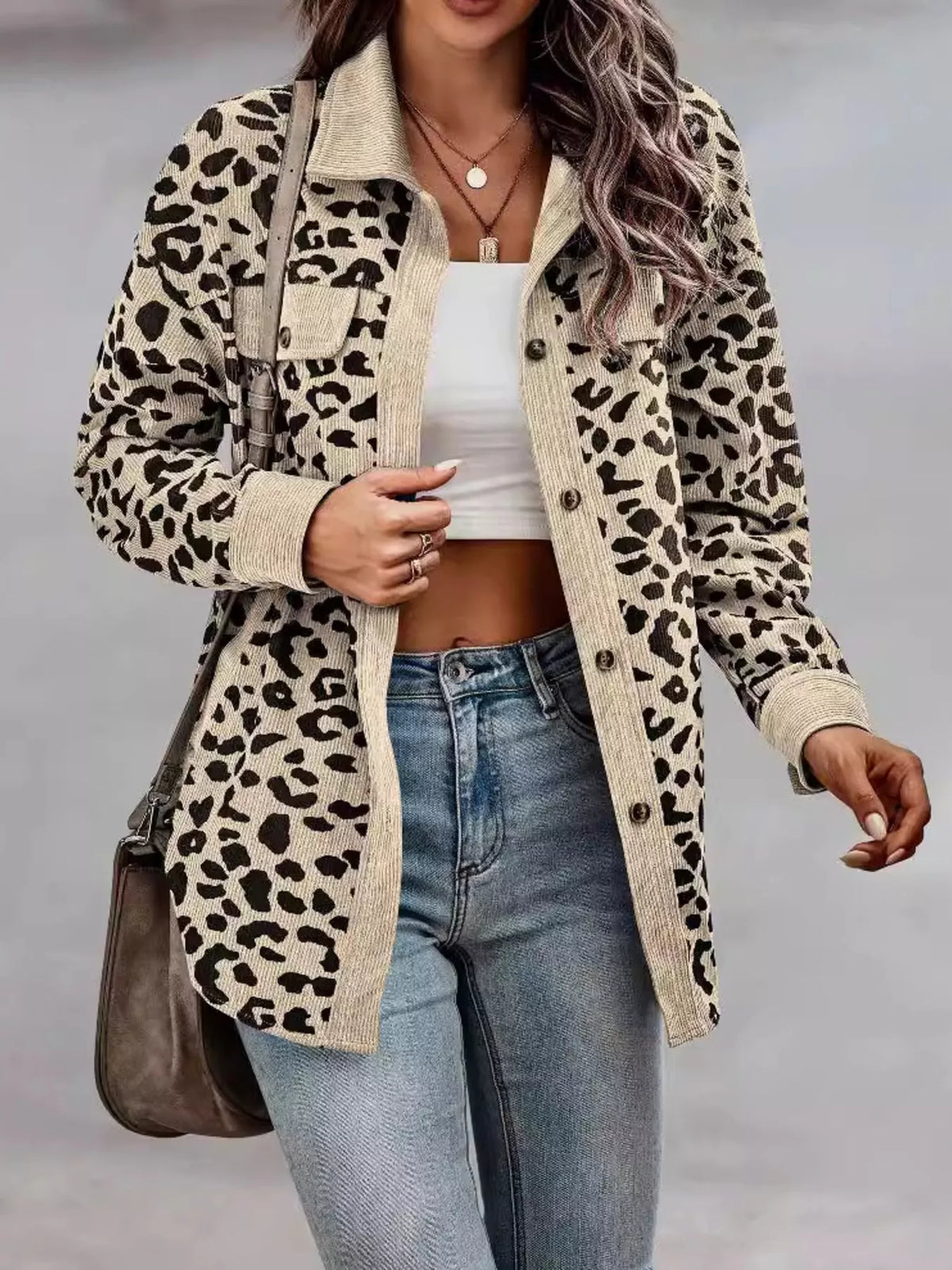 Full Size Leopard Print Button-Down Jacket Plus Size