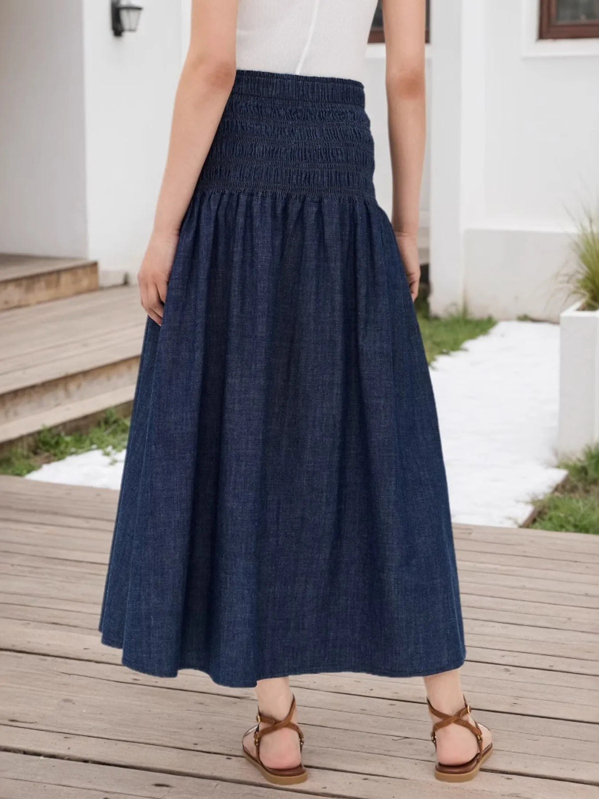 Elastic Waist Midi Skirt
