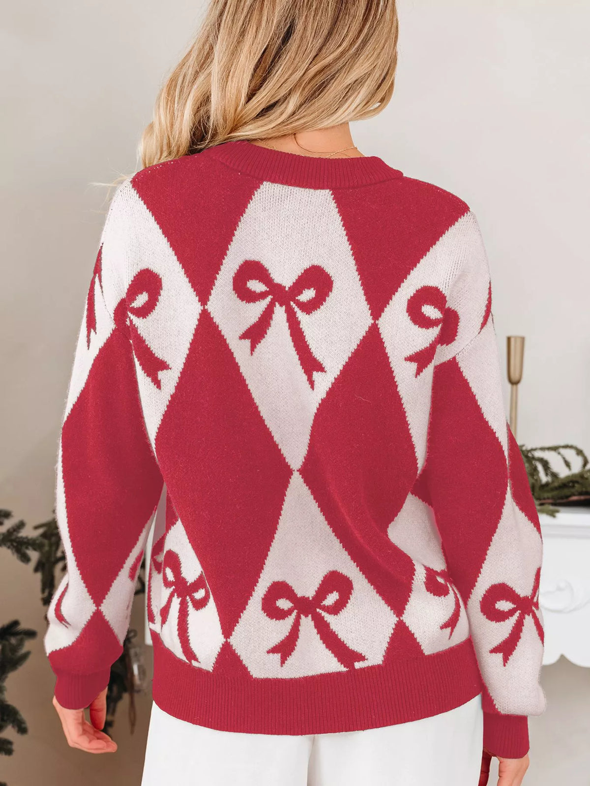 Bow Print 2-Tone Rhombus Knit Loose Sweater