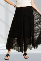 ADORA Elastic Waist Raw Hem Lace Maxi Skirt