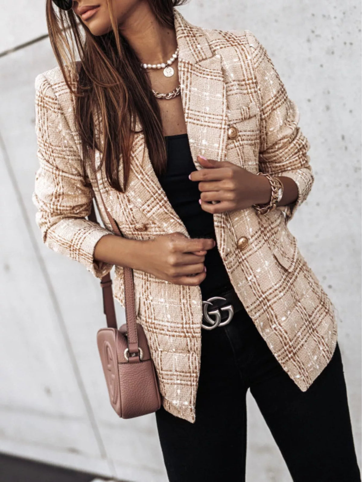 Full Size Plaid Tweed Double-Breasted Blazer Plus Size