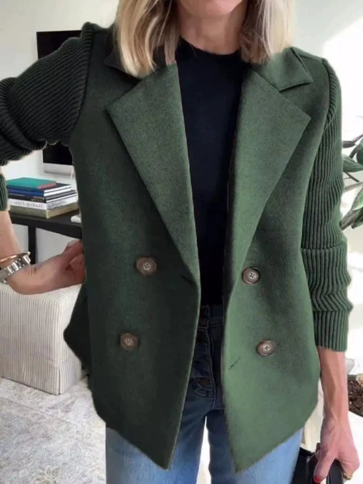 Full Size Knit Sleeve Double-Breasted Outerwear Plus Size