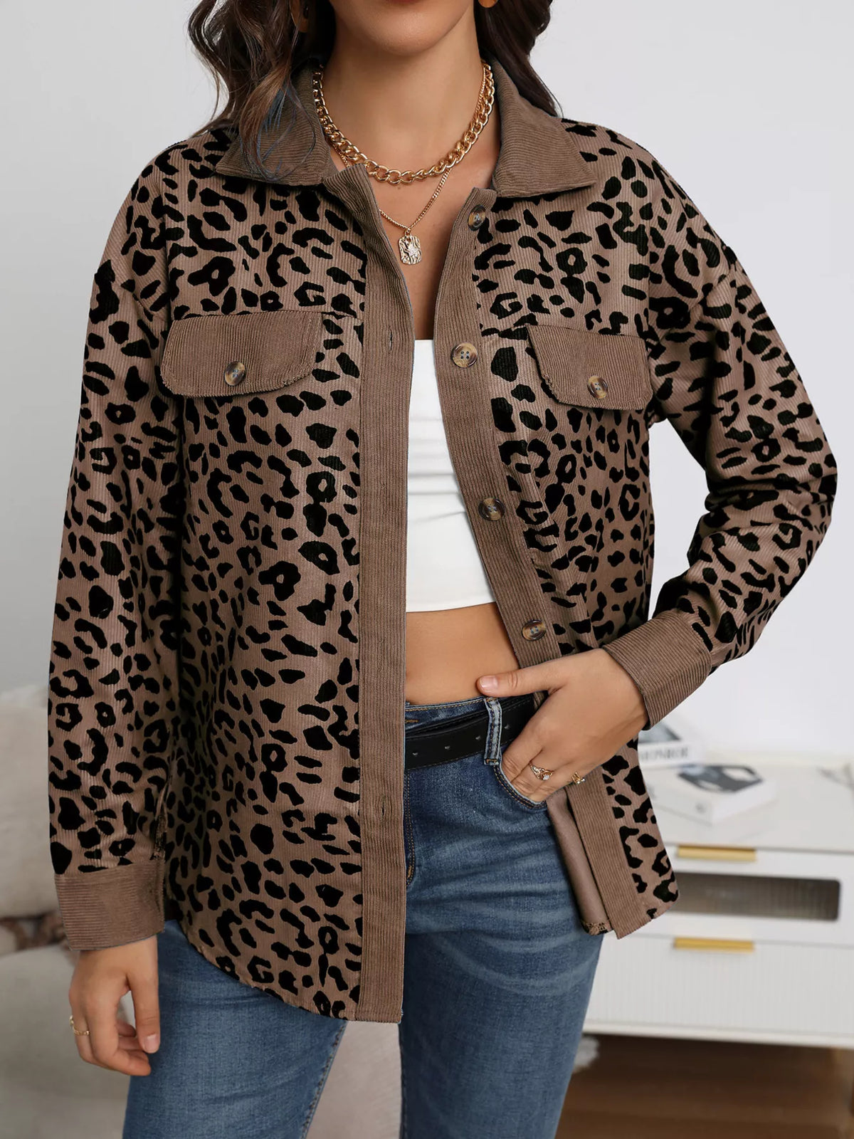 Full Size Leopard Print Button-Down Jacket Plus Size