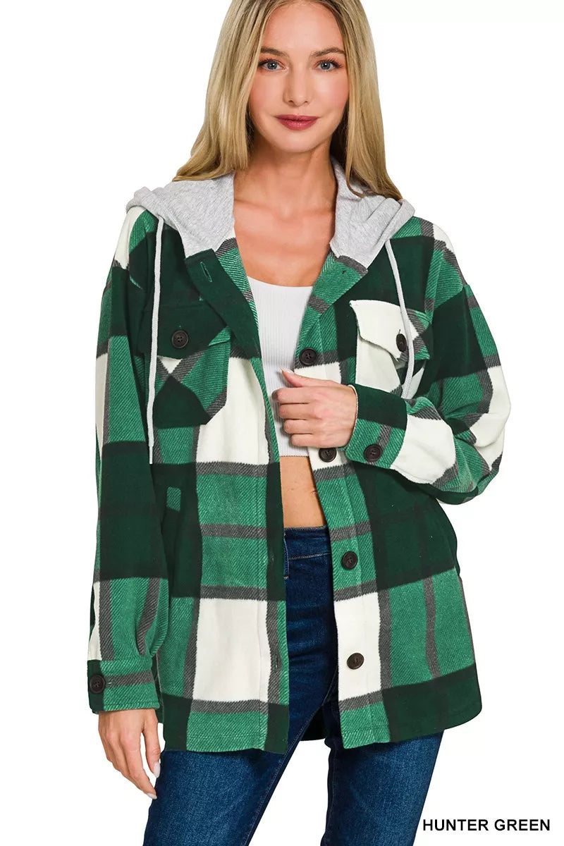Zenana Plaid Drawstring Hooded Fleece Shacket