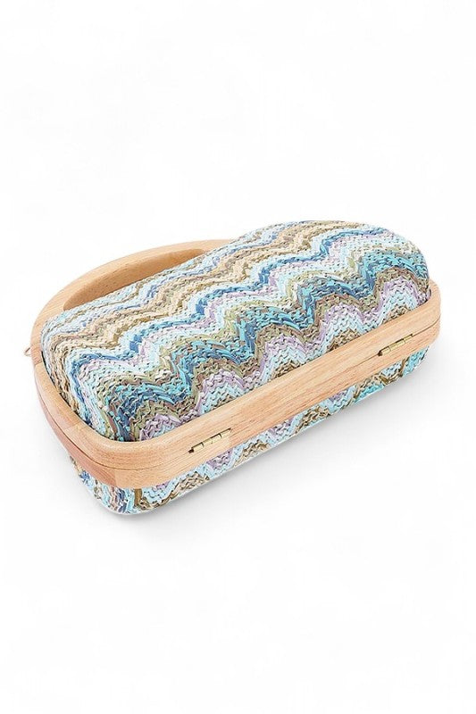 Chevron Print Faux Straw Wodden Frame Clutch Bag