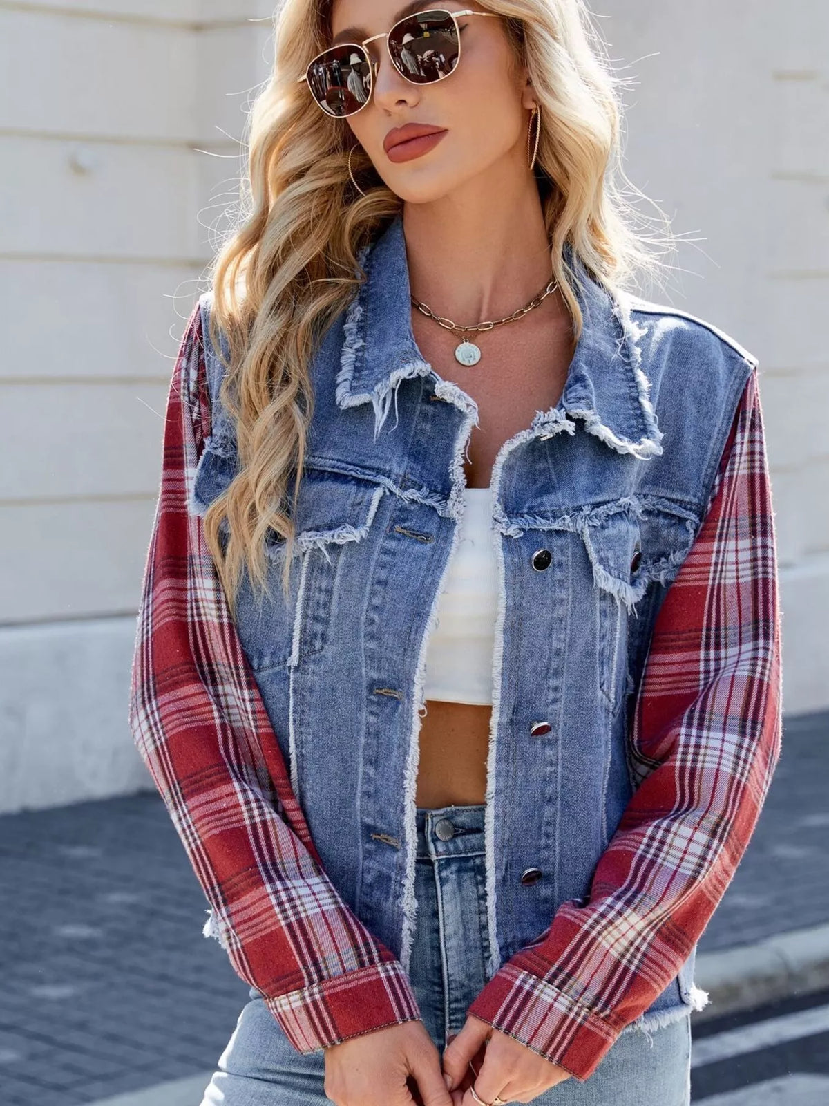 Raw Hem Plaid Sleeve Denim Jacket