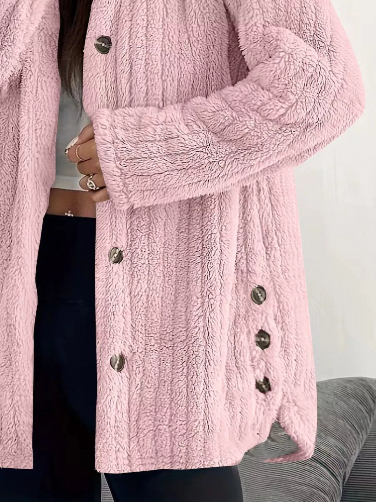 Full Size Fleece Button Up Hooded Outerwear Plus Size