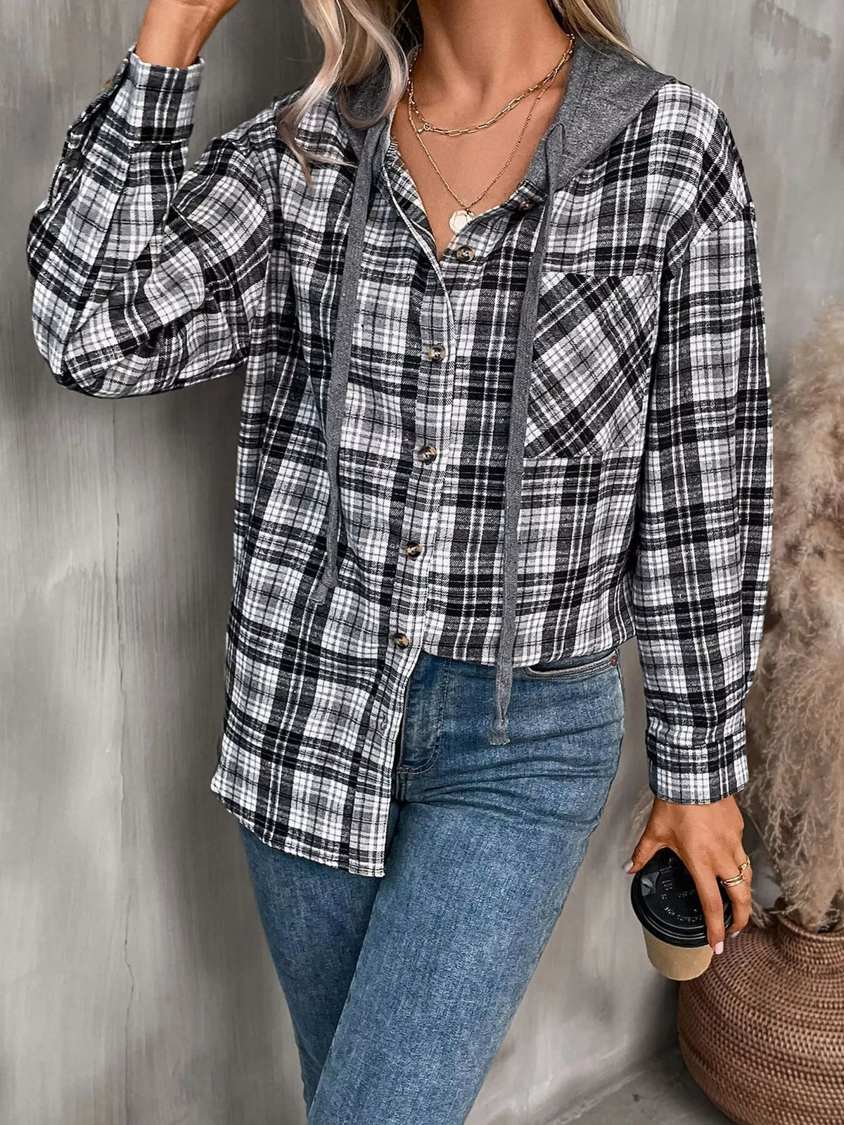 Hooded Plaid Button-Up Shirt
