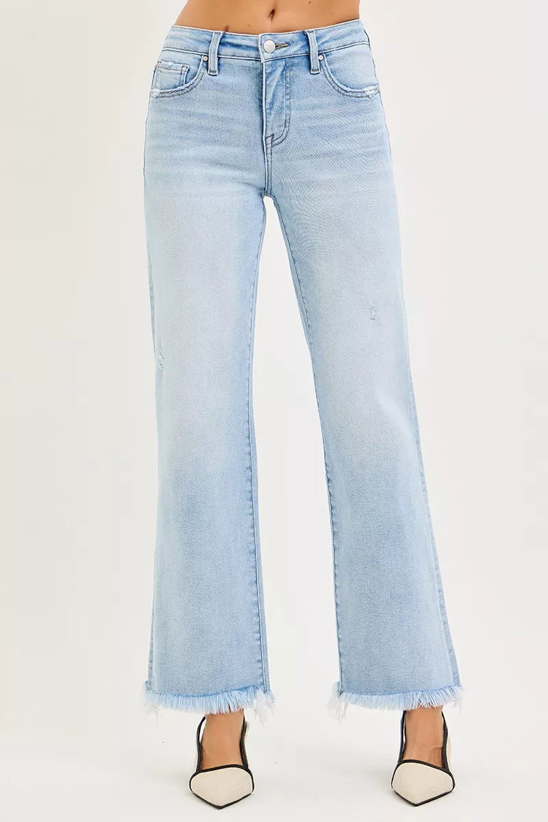 RISEN Tummy Control Mid Rise Ankle Straight Fray Hem Jeans