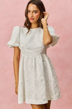 SO ME Floral Jacquard Bubble Shorts Sleeves Mini Dress