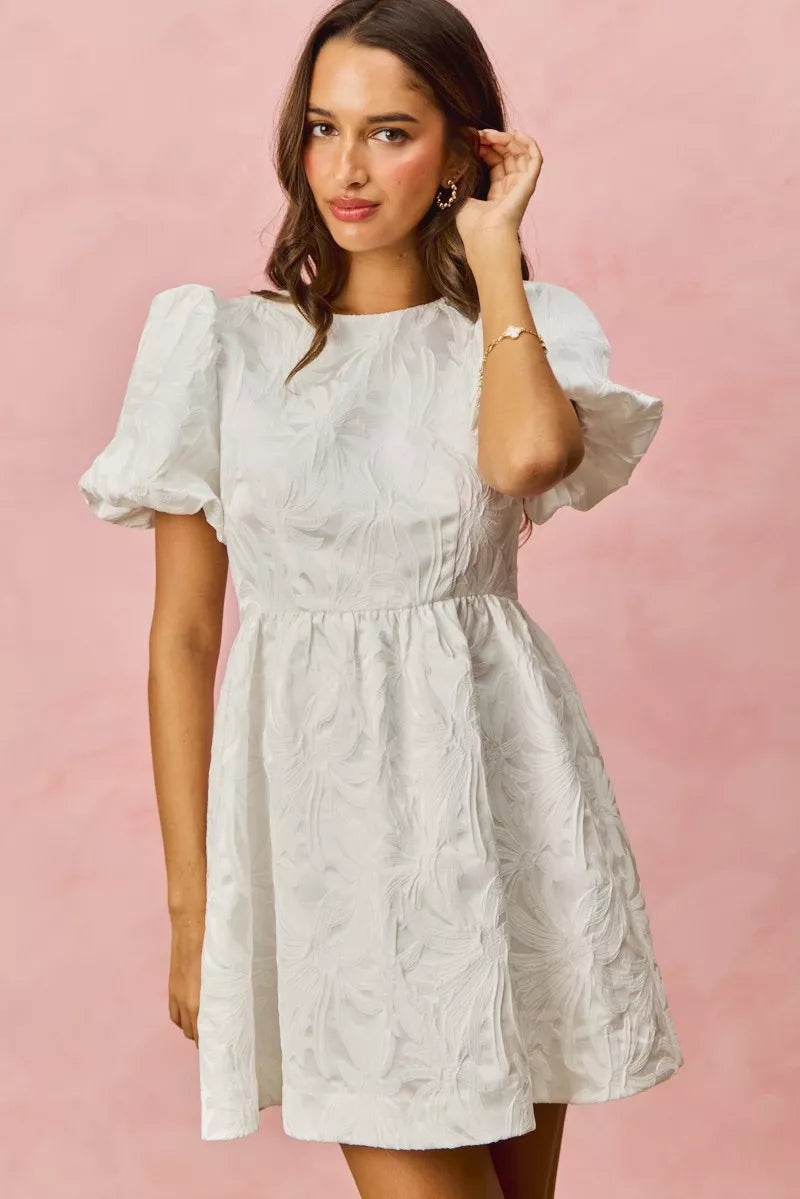 SO ME Floral Jacquard Bubble Shorts Sleeves Mini Dress