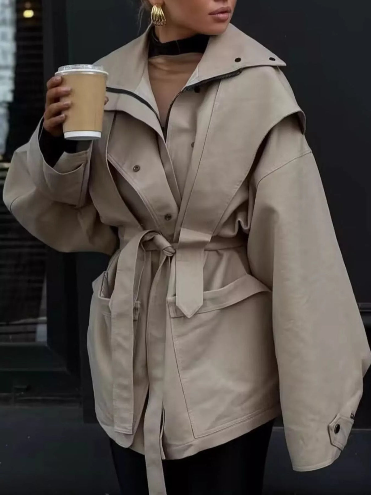 Tie Waist Snap Down Trench Coat