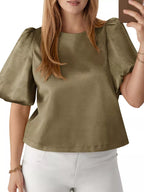 Round Neck Puff Sleeve Satin Top