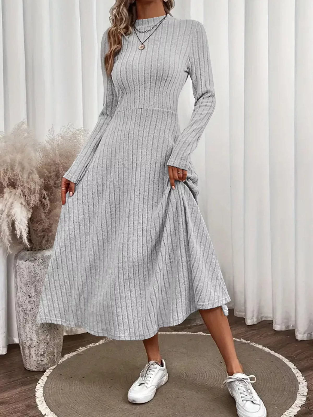 Ribbed Knit Long Sleeve Midi Dress