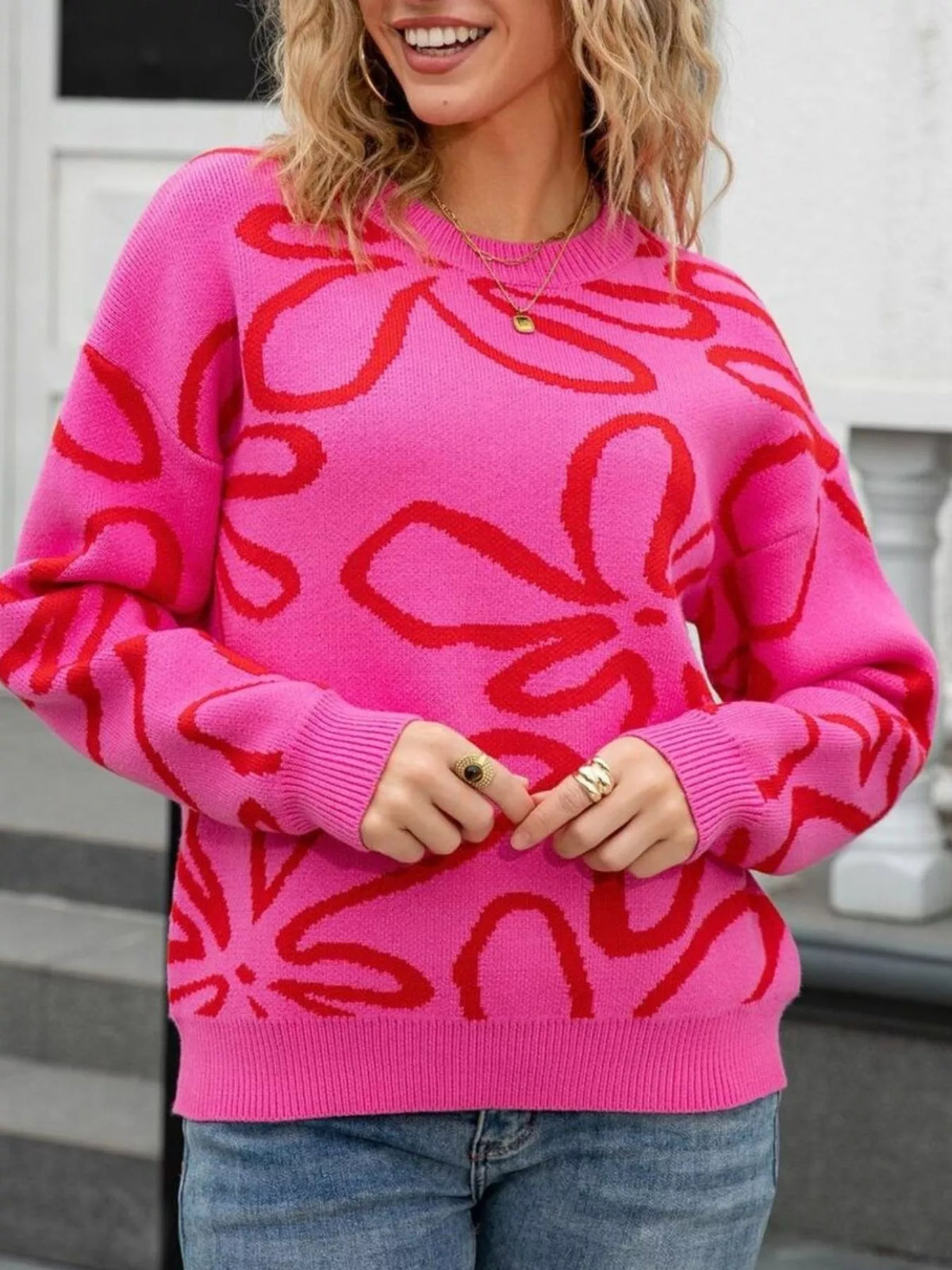 Flower Crew Neck Long Sleeve Sweater