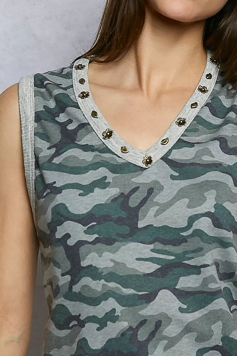 POL Studded Camouflage V-Neck Cropped Tank