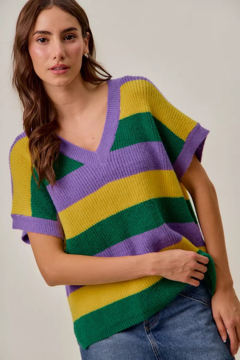 SO ME Mardi Gras Loose Fit V Neck Stripe Sweater Top