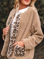 Casual Leopard Print Accent Plush Jacket with Pockets