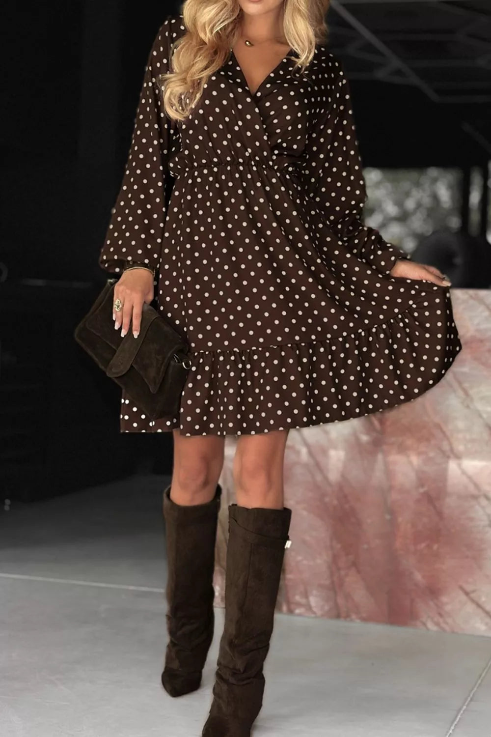 Polka Dot Ruffle Hem Wrap Dress