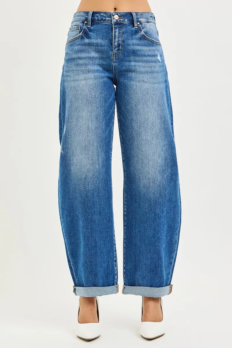 RISEN Full Size Mid Rise Barrel Double Roll Up Jeans Plus Size