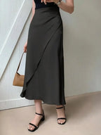 Asymmetric Wrap Midi Skirt with Fluted Hem