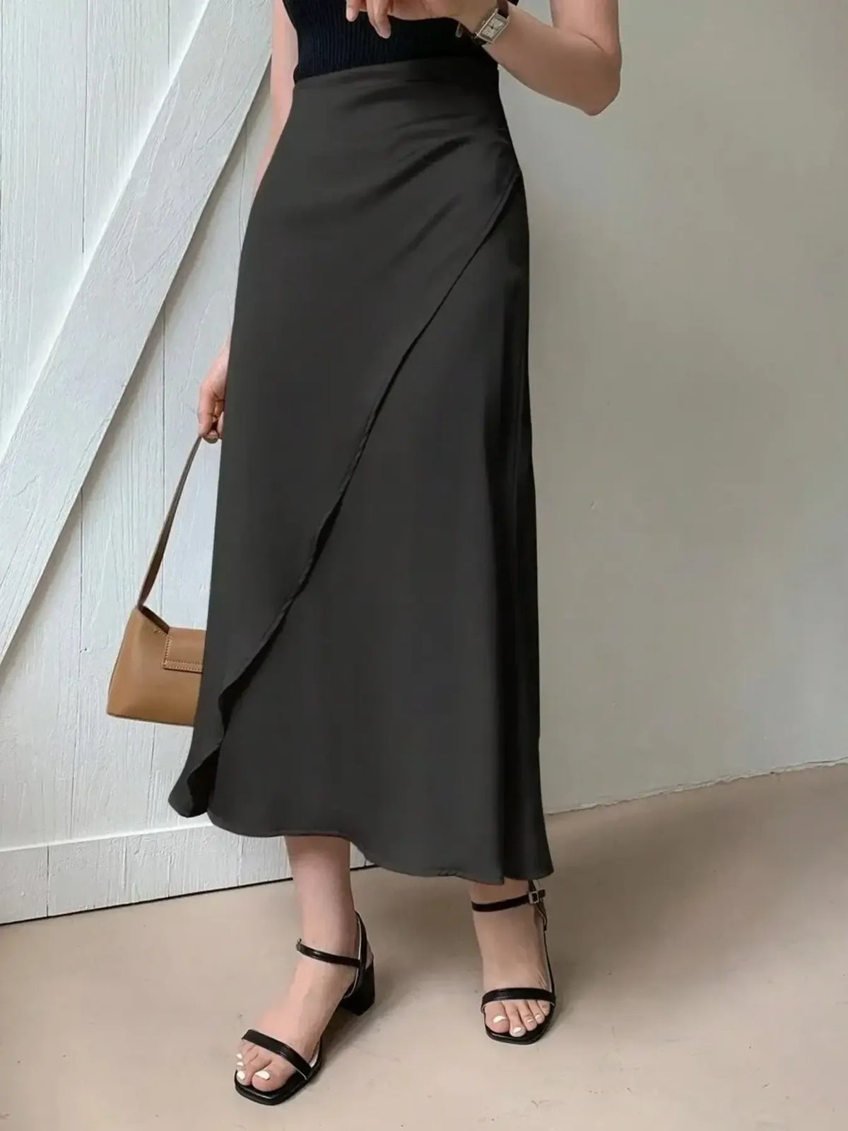 Asymmetric Wrap Midi Skirt with Fluted Hem