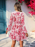 Full Size Floral Print V-Neck Long Sleeve Ruffle Hem Mini Dress Plus Size